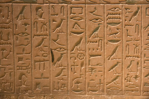 Leiden, The Netherlands - JAN 01, 2019: real ancient hieroglyphics in stone at exhibition Gods of Egypt. 