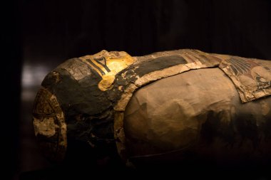 Leiden, Hollanda - Ocak 04, 2020: Rijksmuseum van Oudheden 'da (RMO Leiden) altın maskeli bir Mısırlı mumyaya yakın çekim).