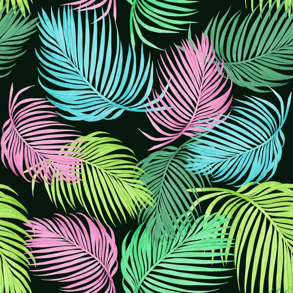 Aquarellmalerei Bunte Kokosnuss Palmblatt Grüne Blätter Nahtlose Musterhintergrund Aquarell Handgezeichnete — Stockfoto