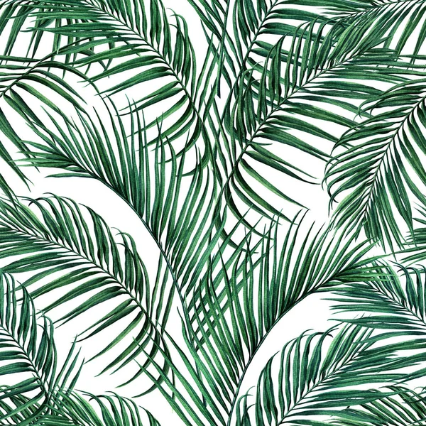 水彩画椰子 棕榈叶 绿叶无缝图案 隔绝在白色背景上 水彩画热带异国情调叶为壁纸复古夏威夷丛林风格图案 — 图库照片