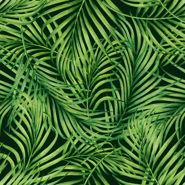 水彩画椰子 棕榈叶 绿叶无缝图案背景 水彩画手绘热带奇异叶印墙纸 纺织品夏威夷芦荟丛林图案 — 图库照片