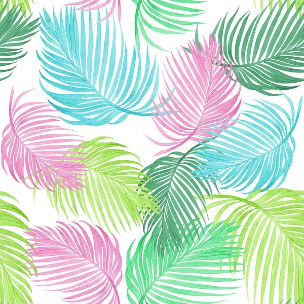 Akvarell Målning Färgglada Kokos Palmblad Grön Lämna Sömlös Mönster Bakgrund — Stockfoto