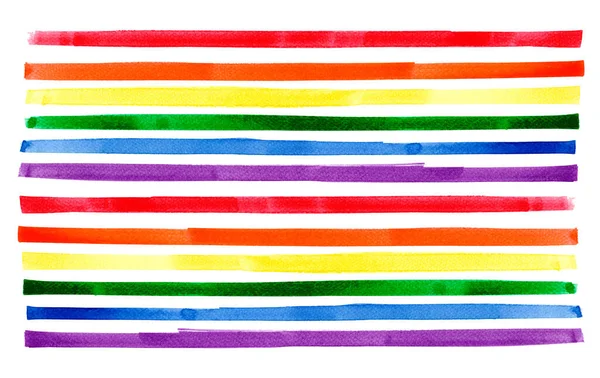 Suluboya gökkuşağı çizgisi arka fon boyası. LGBT gökkuşağı gururu afişi beyaz arkaplanda izole edilmiş parlak bir illüstrasyon. Renkli fırça darbesi kırmızısı, turuncu, sarı, yeşil, mavi, mor suluboya..