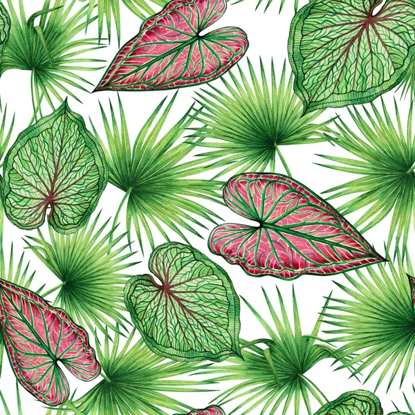 Aquarel Schilderen Kokosnoot Palmblad Groen Laat Naadloos Patroon Achtergrond Aquarel — Stockfoto