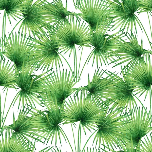 水彩画ココナッツ ヤシの葉 緑の葉のシームレスなパターンの背景を残します 水彩手描きイラスト壁紙のための熱帯エキゾチックな葉のプリント 織物ハワイアロハジャングルスタイルのパターン — ストック写真