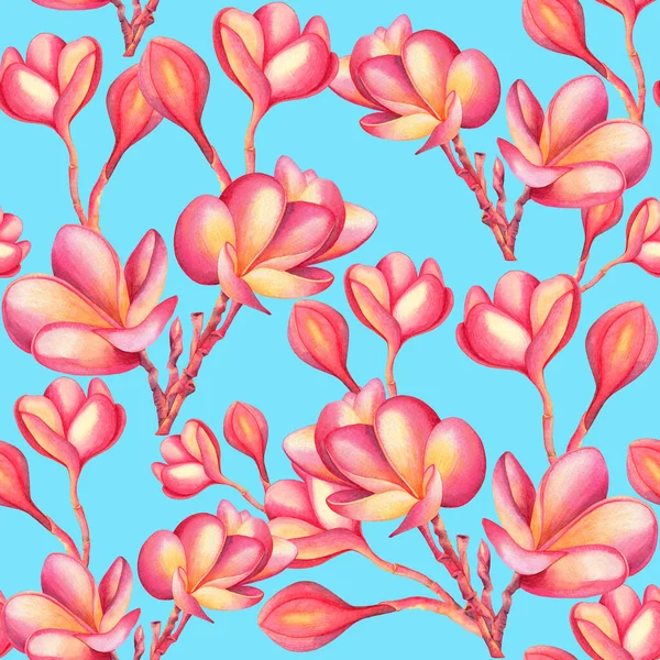Akvarell Festés Rózsaszín Színes Virágzó Virágok Zökkenőmentes Minta Kék Hátteren — Stock Fotó