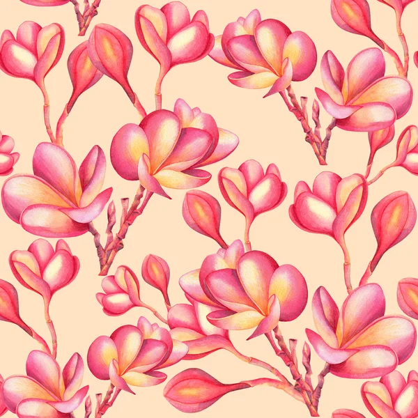 Akvarell Festés Rózsaszín Színes Virágzó Virágok Zökkenőmentes Minta Bézs Hátteren — Stock Fotó