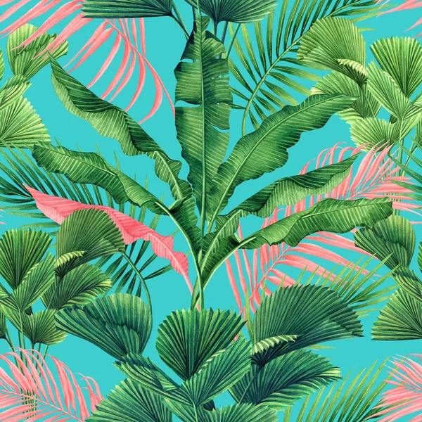Watercolor painting coconut,banana,palm leaf,green ,pink leaves seamless pattern background.Watercolor summer illustration tropical exotic leaf prints for wallpaper,textile Hawaii aloha style