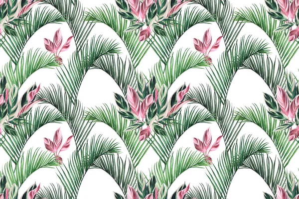 水彩画色彩艳丽的椰子 粉色叶面无缝图案背景 水彩画手绘热带奇异叶面图案 用于壁纸 纺织品夏威夷芦荟夏季风格 — 图库照片