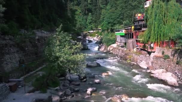 Een glijdend shot van een berg rivier, toeloop stromend onder een brug — Stockvideo