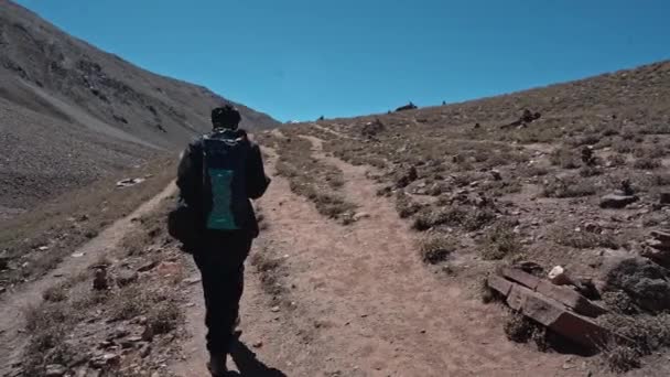 Ein nachfolgender Nachschuss eines Reisenden, der in spiti, himachal auf Wanderwegen in den Bergen wandelt — Stockvideo