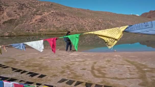 Podróżnik przechadzający się przez ogromne himalajskie jezioro oprawione w flagi modlitwy, Tracking Shot, Chandratal Lake, Spiti — Wideo stockowe