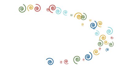 Renkli spiralleri olan şenlikli bir arka plan. Posta kartı, baskı, afiş ya da poster modası. Parti dekorasyonu, düğün, doğum günü ya da yıldönümü davetiyesi için güzel spiraller. Vecto