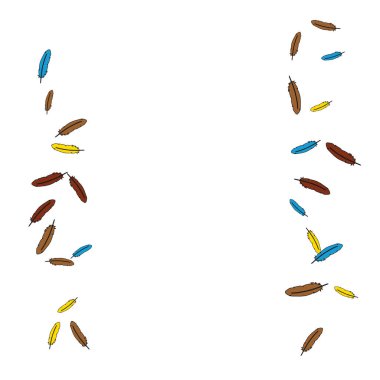 Renkli tüyler. Renkli tüylerin izleri Evcil Hayvanlar için Tasarım. Baskı, Logo ya da Poster için Basit Desen. Vektör Konfeti Arkaplanı.