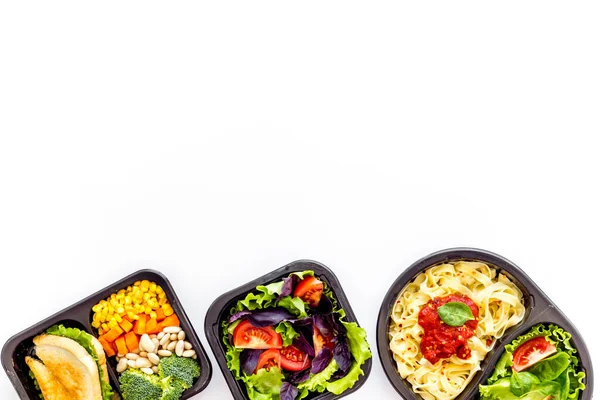 Healthy food in restaurant dish delivery. Top view, copy space