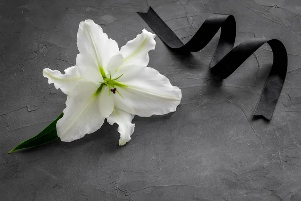 Funeral symbols - white lily flowers with black ribbon