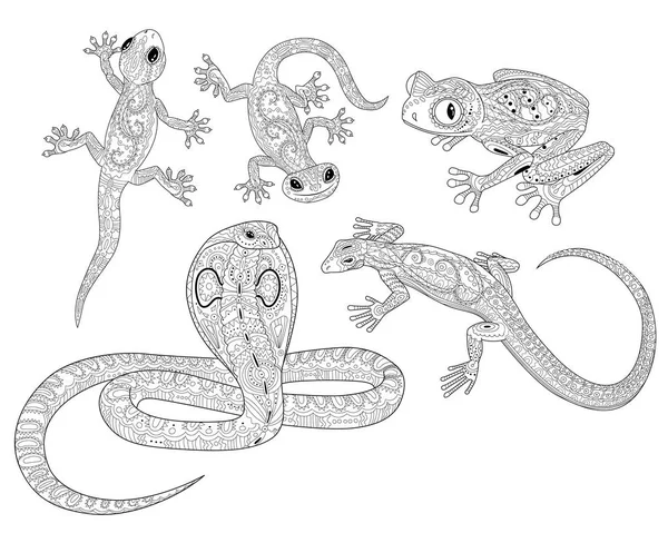 Målarbok med reptiler i mönstrad stil. — Stock vektor