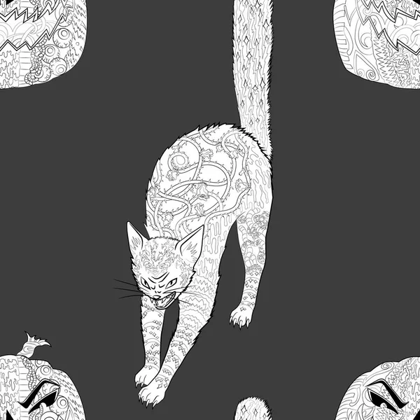 Modèle sans couture avec chat Halloween et citrouille — Image vectorielle