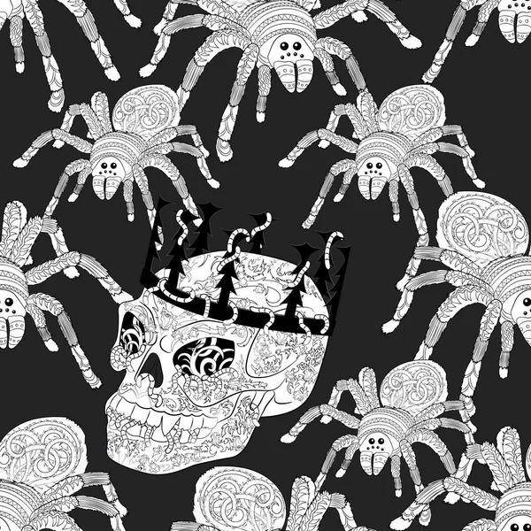 Seamless pattern with Halloween spiders and skull — Stock Vector