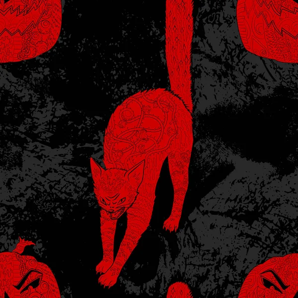 Бесшовный рисунок с Хэллоуинской кошкой и тыквой — стоковый вектор