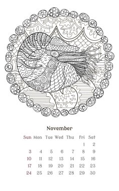 Deniz anti stres boyama sayfası için Takvim 2019