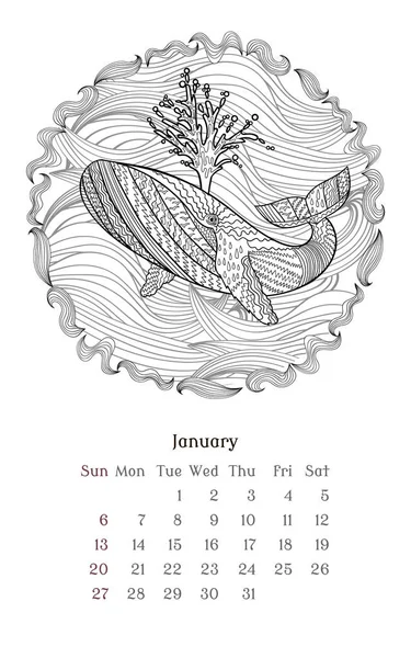 Морська антистресова розмальовка сторінка для календаря 2019 — стоковий вектор