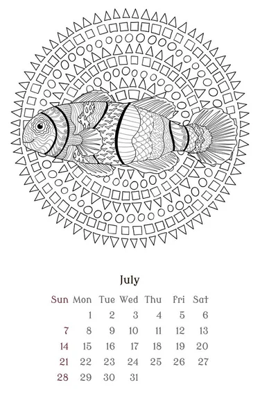 Sea anti stress coloring page for calendar 2019 — Stock Vector