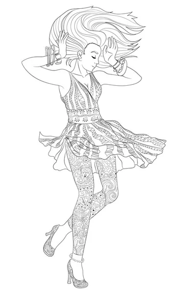Mooie dansende meisje in een gedessineerde jurk. — Stockvector
