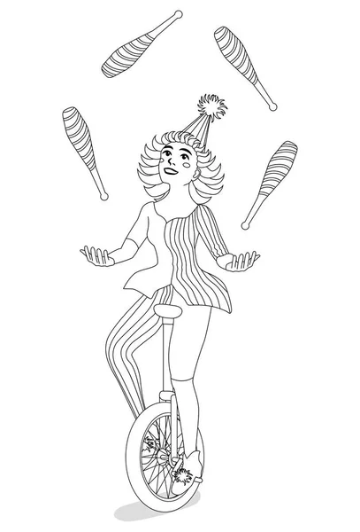 Girl juggler on a unicycle for coloring book — Stock Vector
