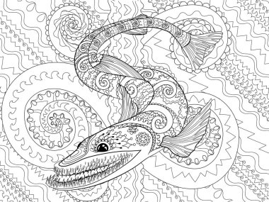 Yüksek ayrıntılar ile ürpertici balık ile boyama sayfası
