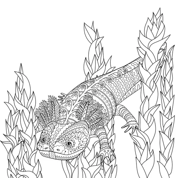 Kleurplaat pagina met Axolotl in patroon stijl. — Stockvector