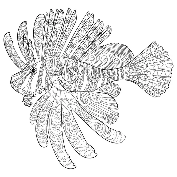 Coloring page with lion fish in patterned style. — Stock Vector