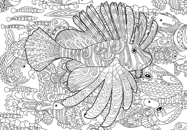 Desenli tarzı aslan balık ile boyama sayfası.