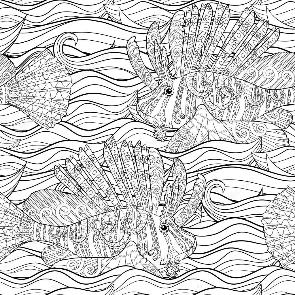 Coloring page with lion fish in patterned style.