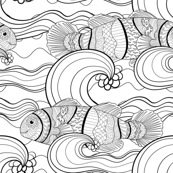 Черно-белые швы океанический рисунок для окраски . — стоковый вектор