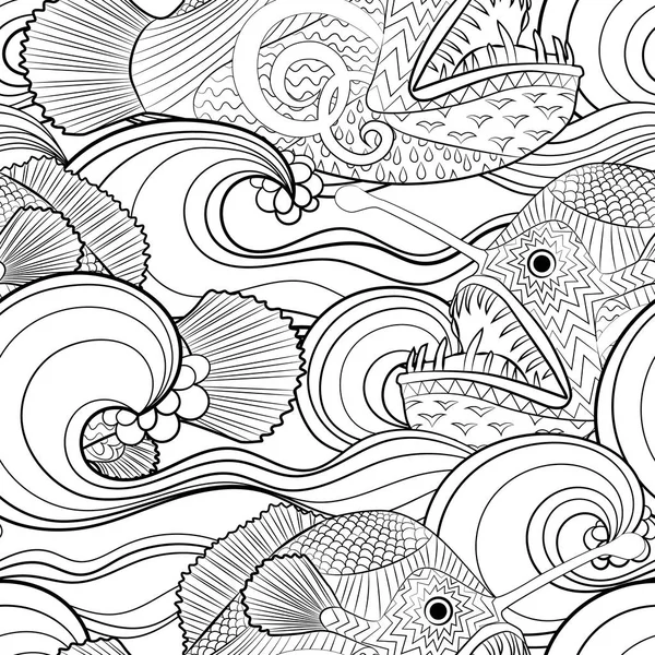 Черно-белые швы океанический рисунок для окраски . — стоковый вектор