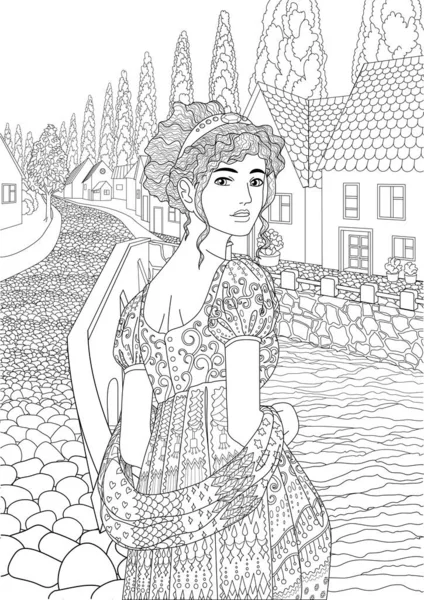 Livro Para Colorir Para Adultos Com Bela Princesa Vestida Com —  Vetores de Stock