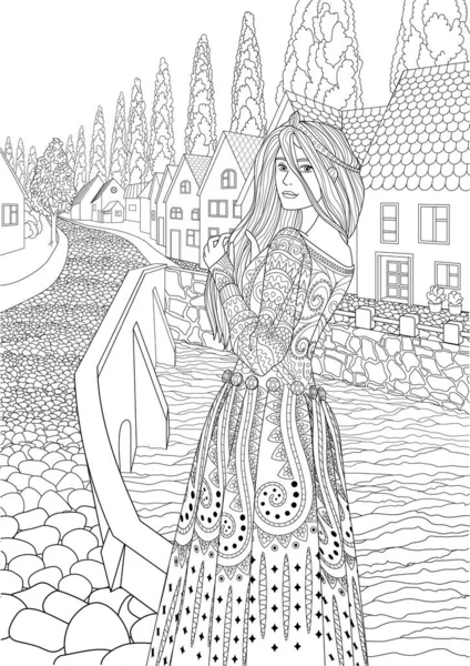 Libro Para Colorear Para Adultos Con Hermosa Princesa Medieval Vestida Gráficos vectoriales
