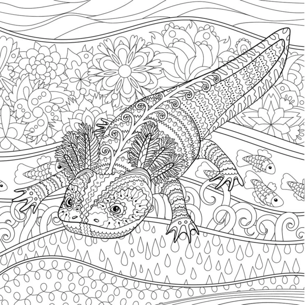 Página Para Colorear Para Adultos Con Lindo Axolotl Estilo Enredo — Archivo Imágenes Vectoriales