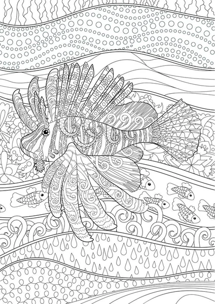 Desenho Para Colorir Para Adultos Com Peixe Leão Estilo Emaranhado — Vetor de Stock