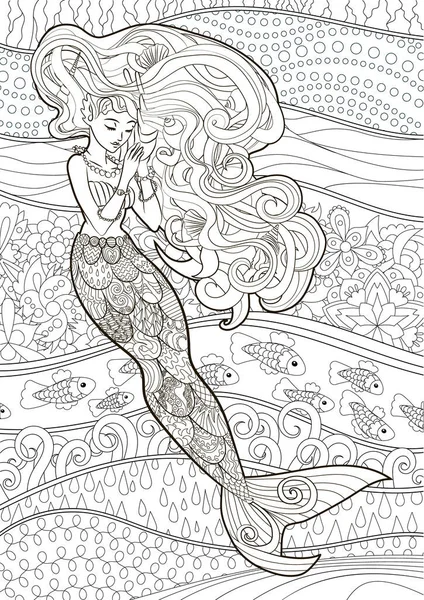 Coloring Page Adults Mermaid Tangle Style Stress Art Therapy People — Stock Vector
