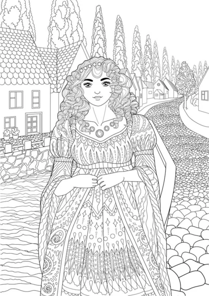 Livro Para Colorir Para Adultos Com Bela Princesa Medieval Vestida Ilustrações De Stock Royalty-Free