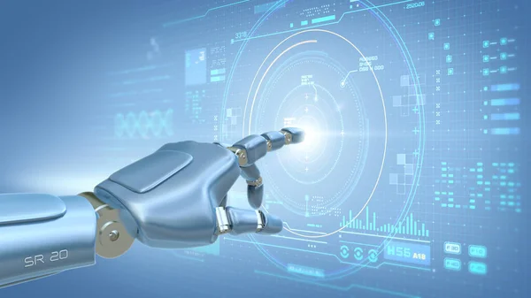Robot el soyut sanal kullanıcı arayüzü dokunmatik dokunmatik ekranlı yapay zeka dijital fütüristik teknoloji konsepti, 3D görüntüleme.