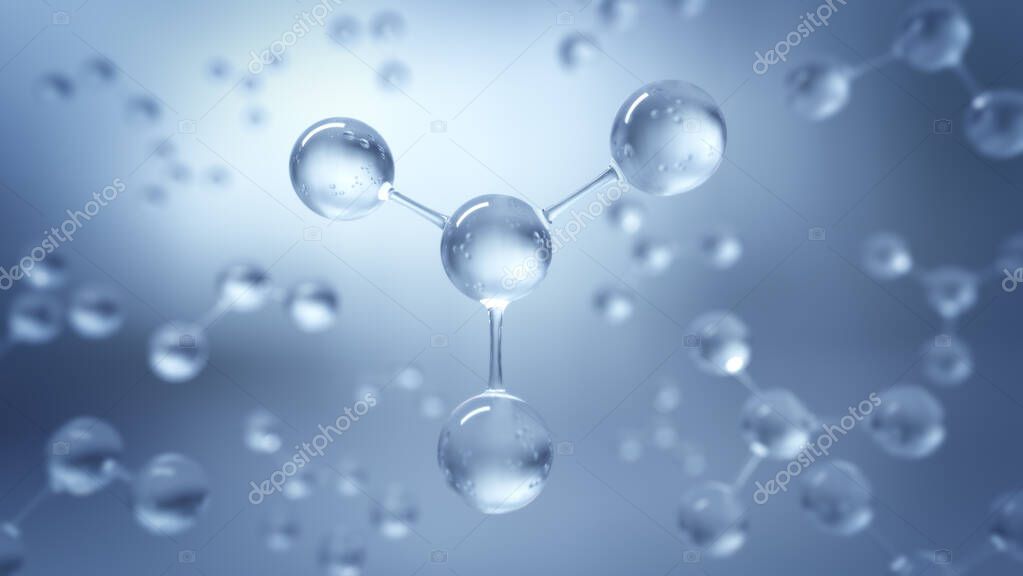 3D Rendering Estructura molecular, ozono, hidrógeno y oxígeno, enfoque  selectivo. 2023