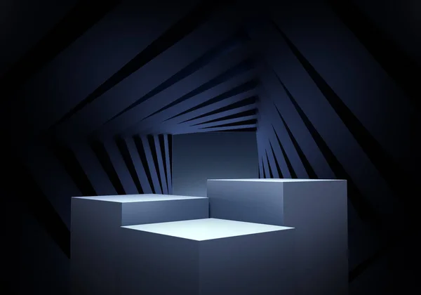 製品の表示 3Dレンダリングのための幾何学的な形状の表彰台を持つ抽象黒の背景 — ストック写真
