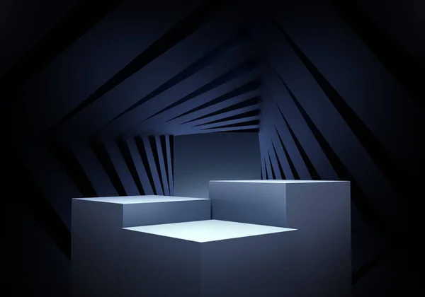 Görüntü ürünü için geometrik şekil podyumu olan soyut siyah arkaplan, 3d görüntüleme.