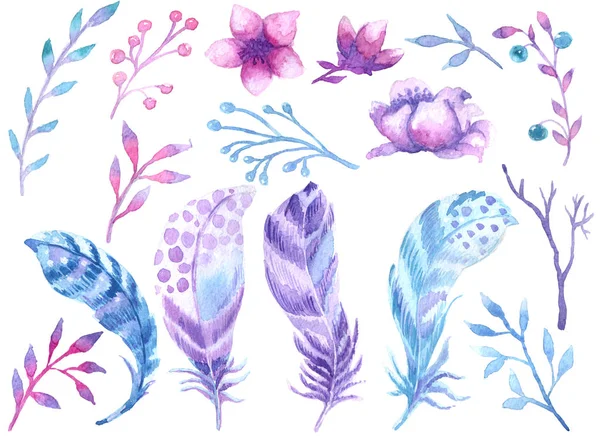 The feathers of a majestic bird purple-blue color. Watercolor illustration for poster, postcard, fabric print and design project