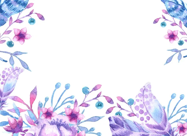 Watercolor pattern with feathers and flowers. Preparation for invitations, postcards, website, poster, banner. Purple, light blue, pink