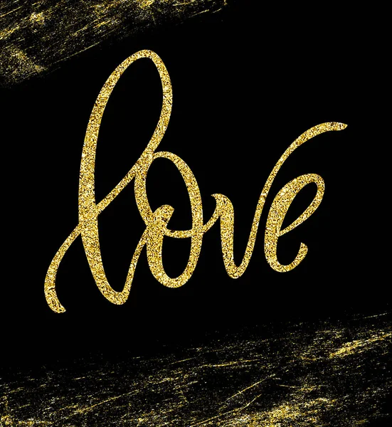 The inscription love on a black gold glitter background. Lettering