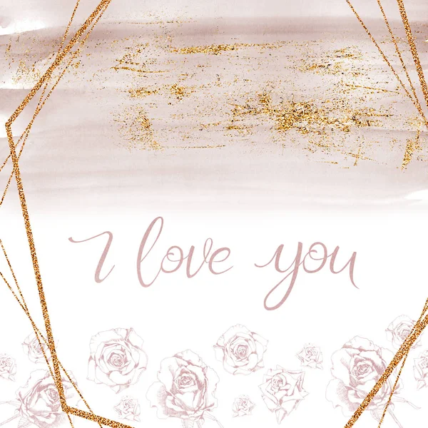 The inscription I love you on a rose gold background gold glitter. Lettering, roses